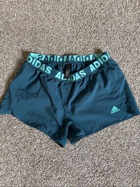adidas deep teal shorts with aqua branded waistband